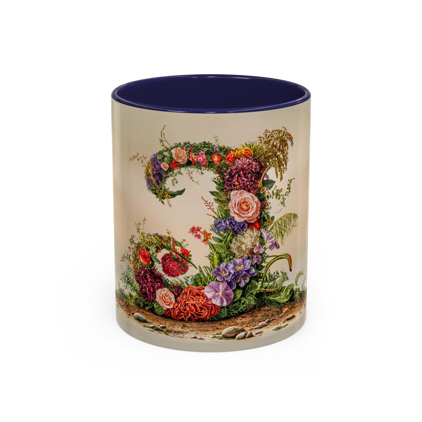 Mug with floral design and letter J on a white background