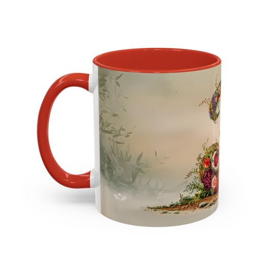 Mug with red interior and handle, featuring artistic designs on a white background