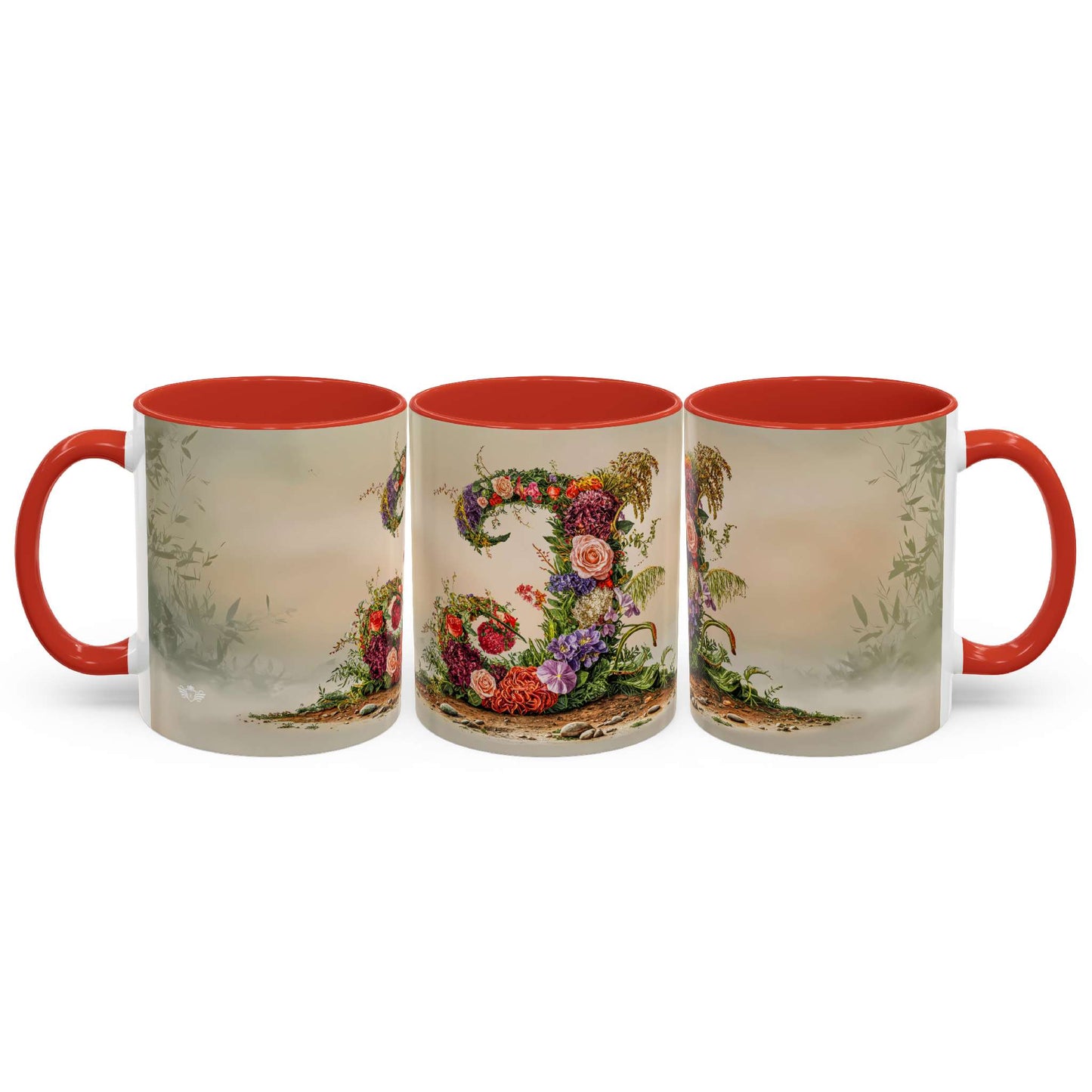 Three mugs with floral designs and red interiors on a white background