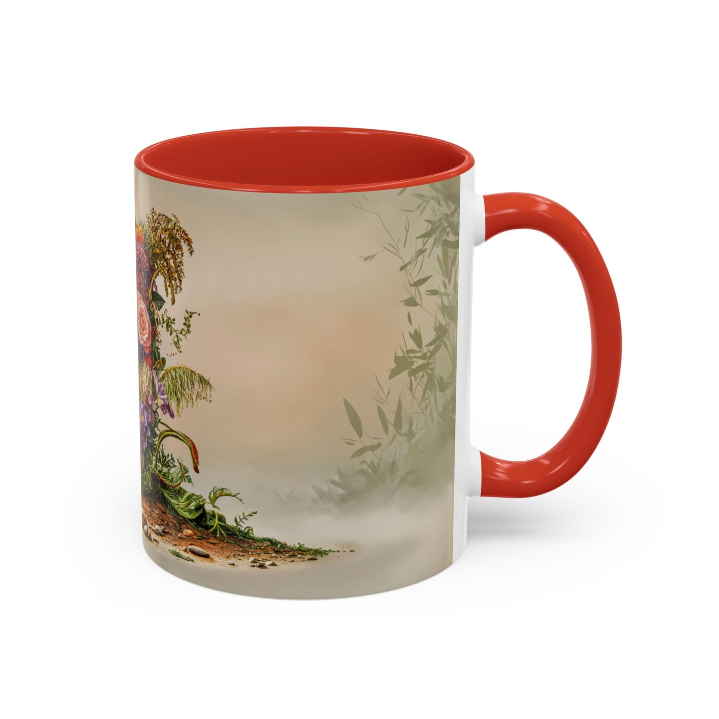 Mug with red interior and handle featuring nature-themed design on a white background