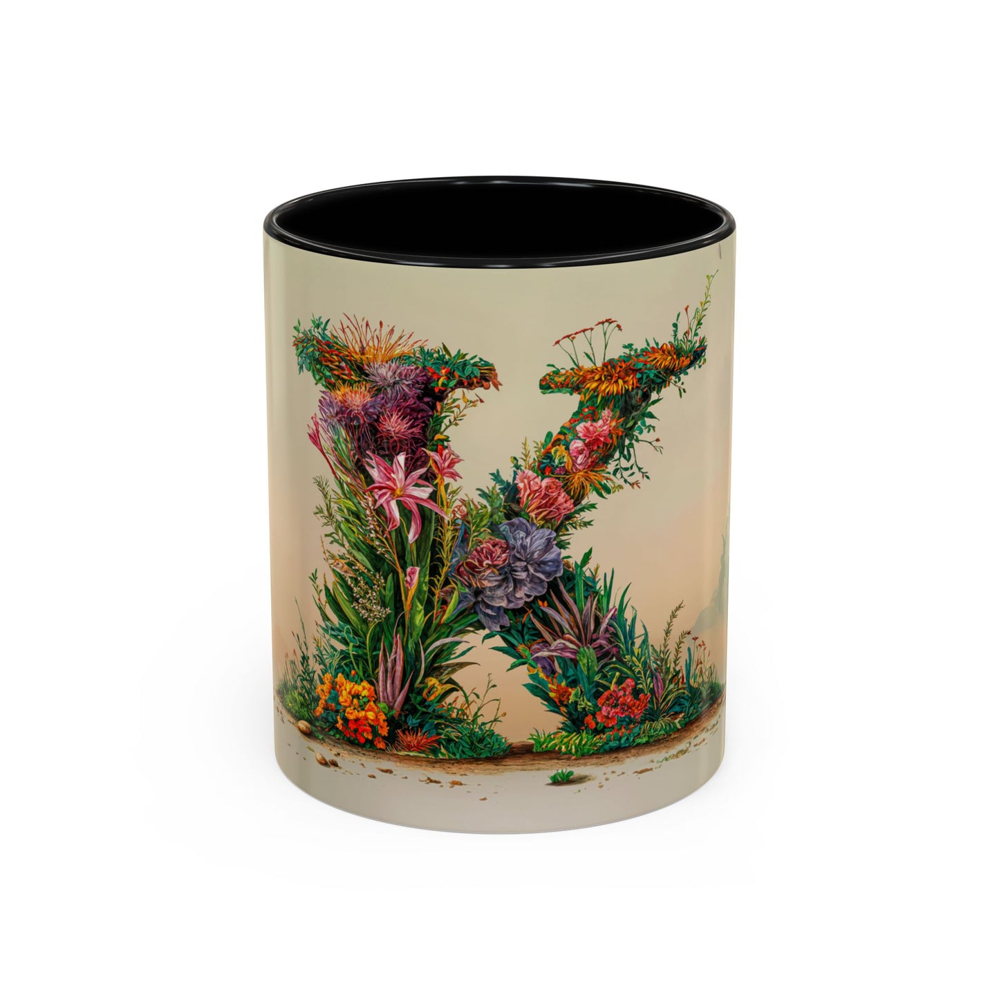 Mug with floral letter K design on a beige background