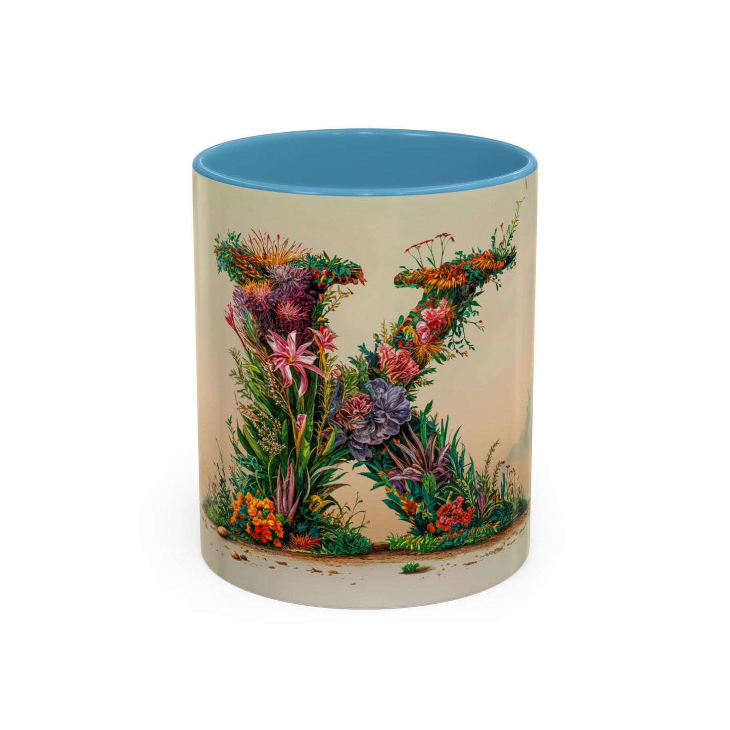 Mug with floral letter K design on a beige background