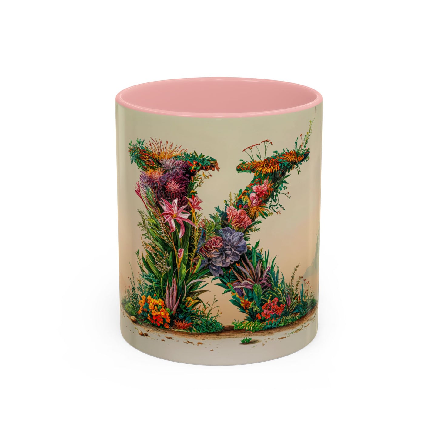 Mug with floral letter K design on a beige background