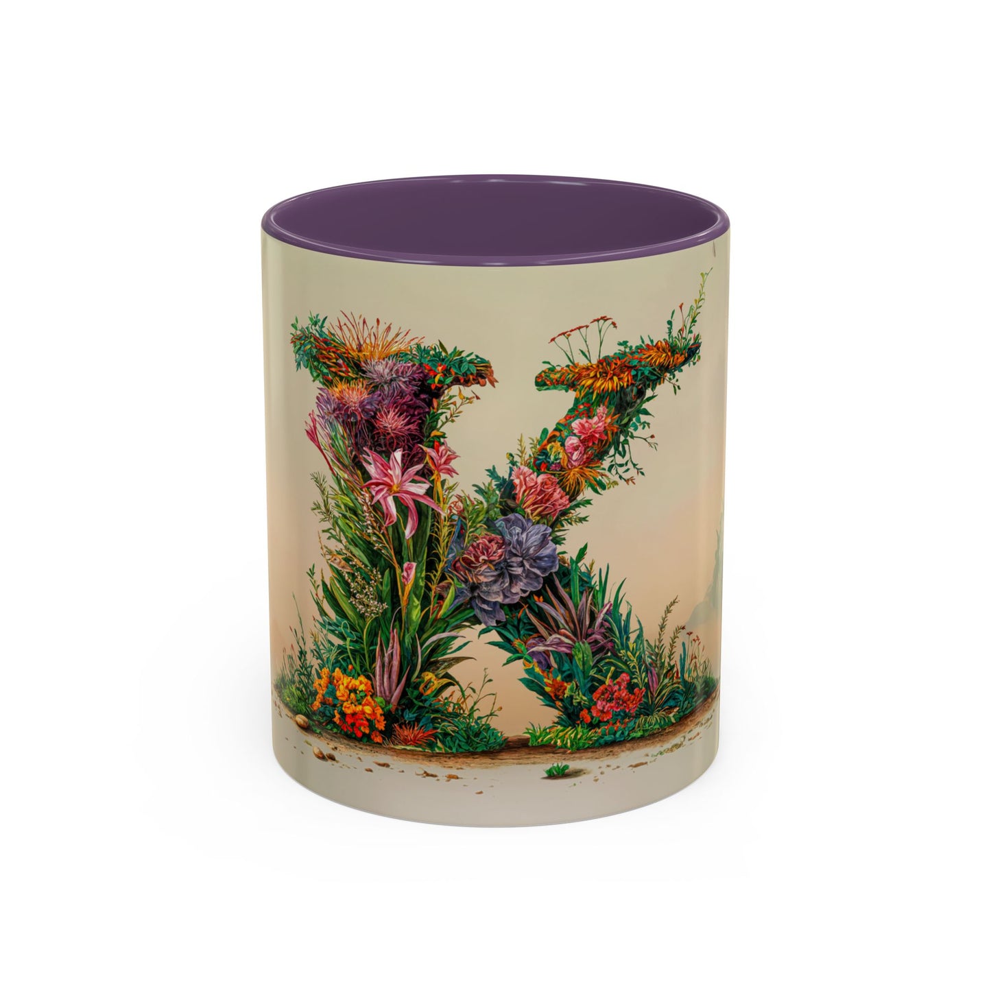 Mug with floral design and purple interior on a beige background