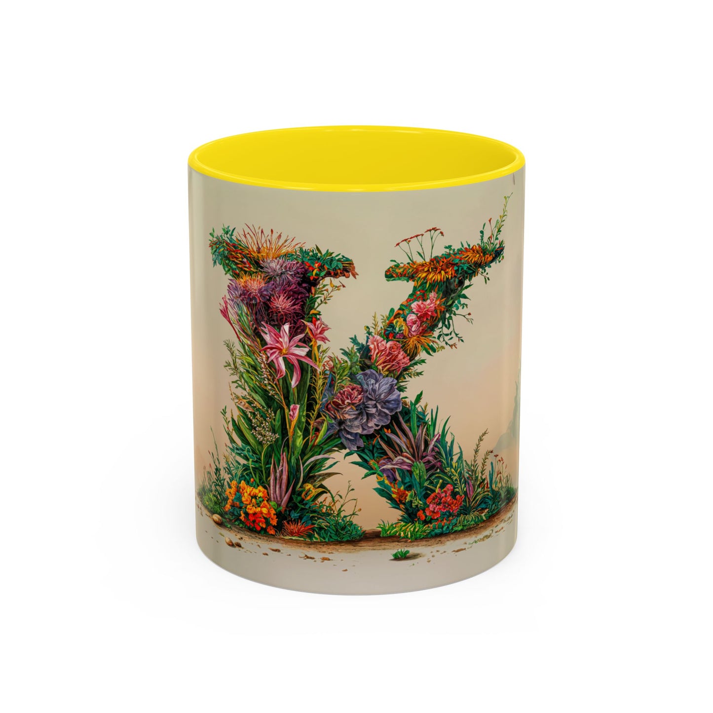 Mug with floral design and yellow interior on a beige background