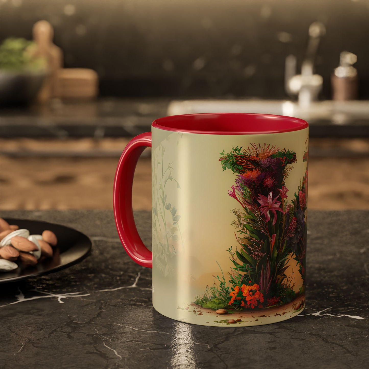 Mug with floral design on a kitchen table