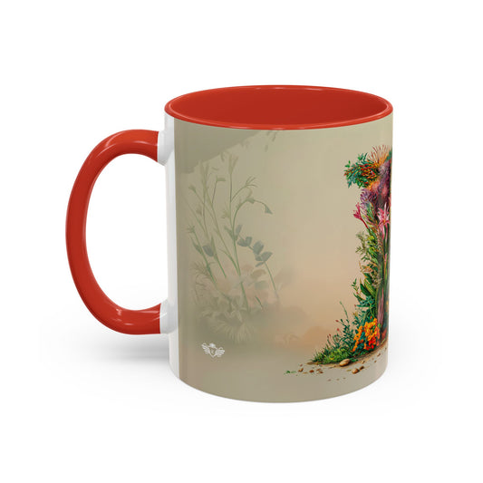 Mug with red interior and handle, featuring nature-themed design on beige background