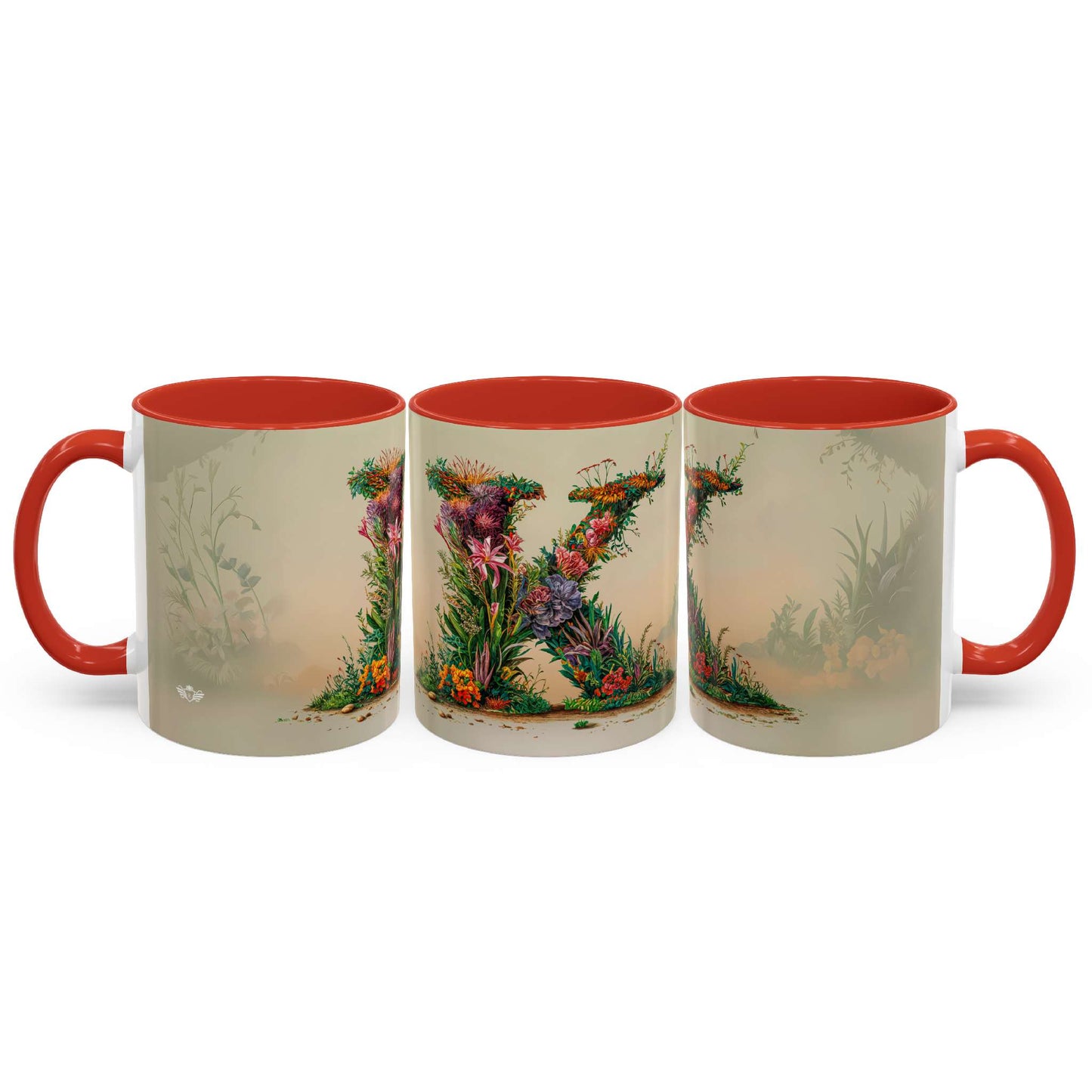 Three mugs with floral designs and red interiors on a white background