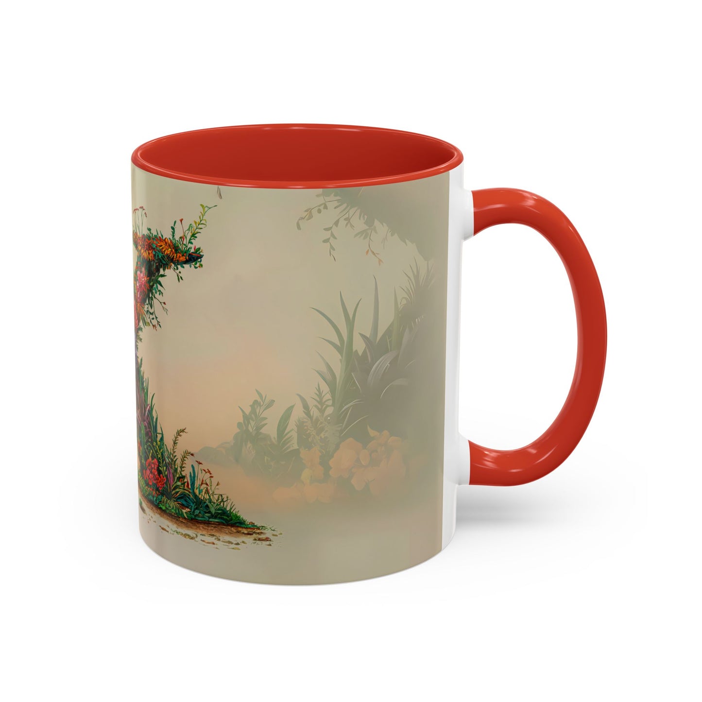 Mug with a floral design and red interior and handle on a white background