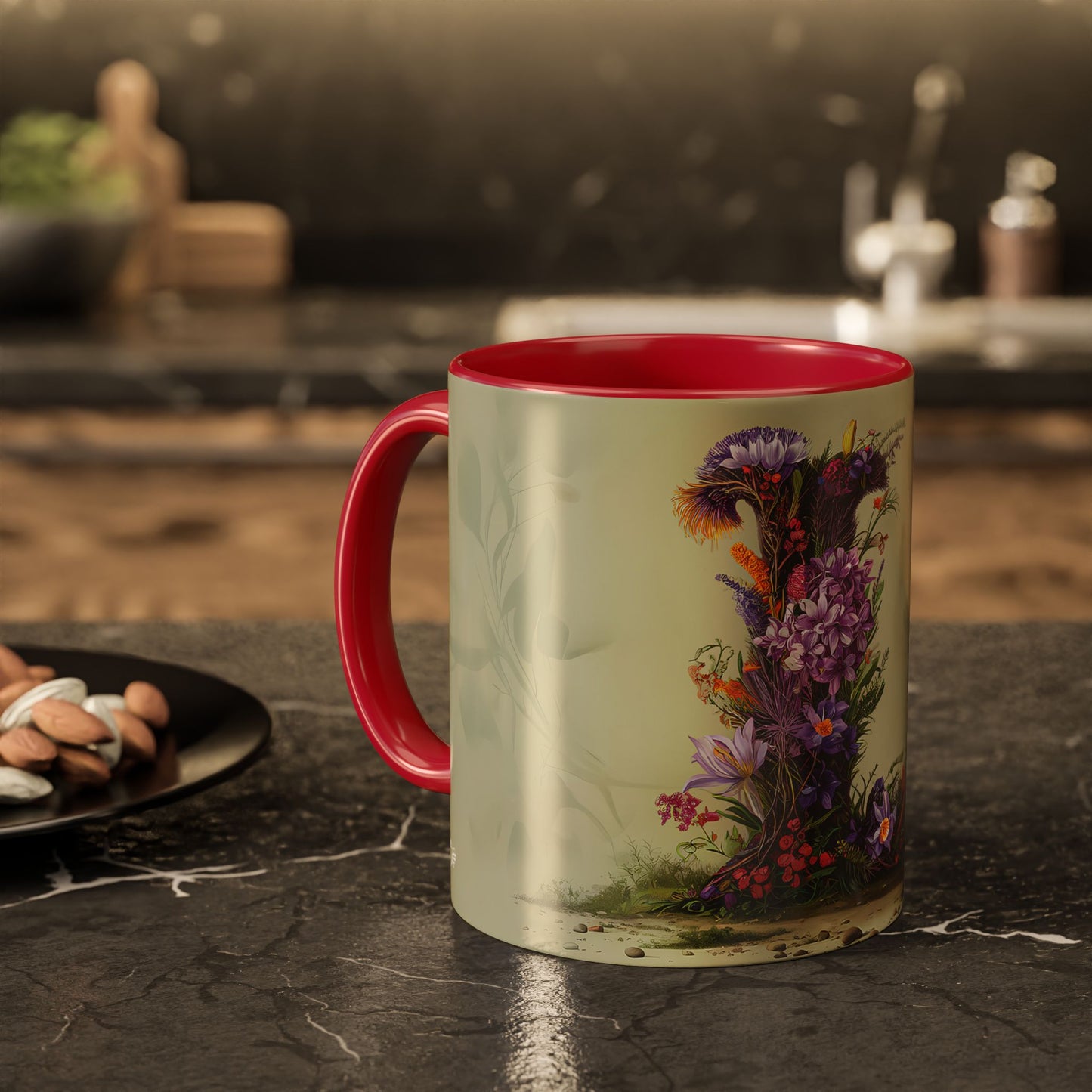Mug with floral design on a kitchen table