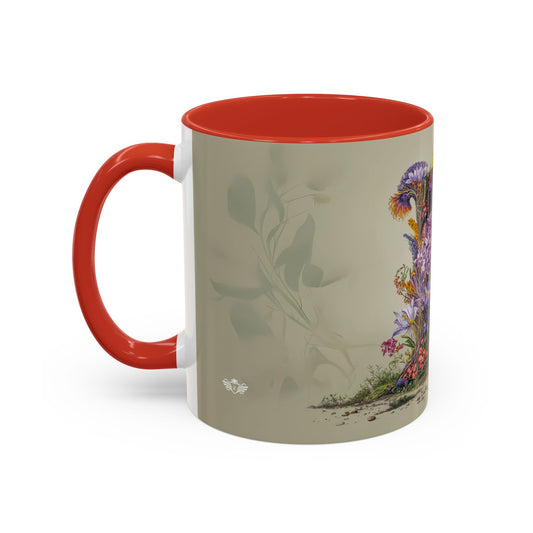 Mug with red interior and handle, featuring a floral design on a beige background