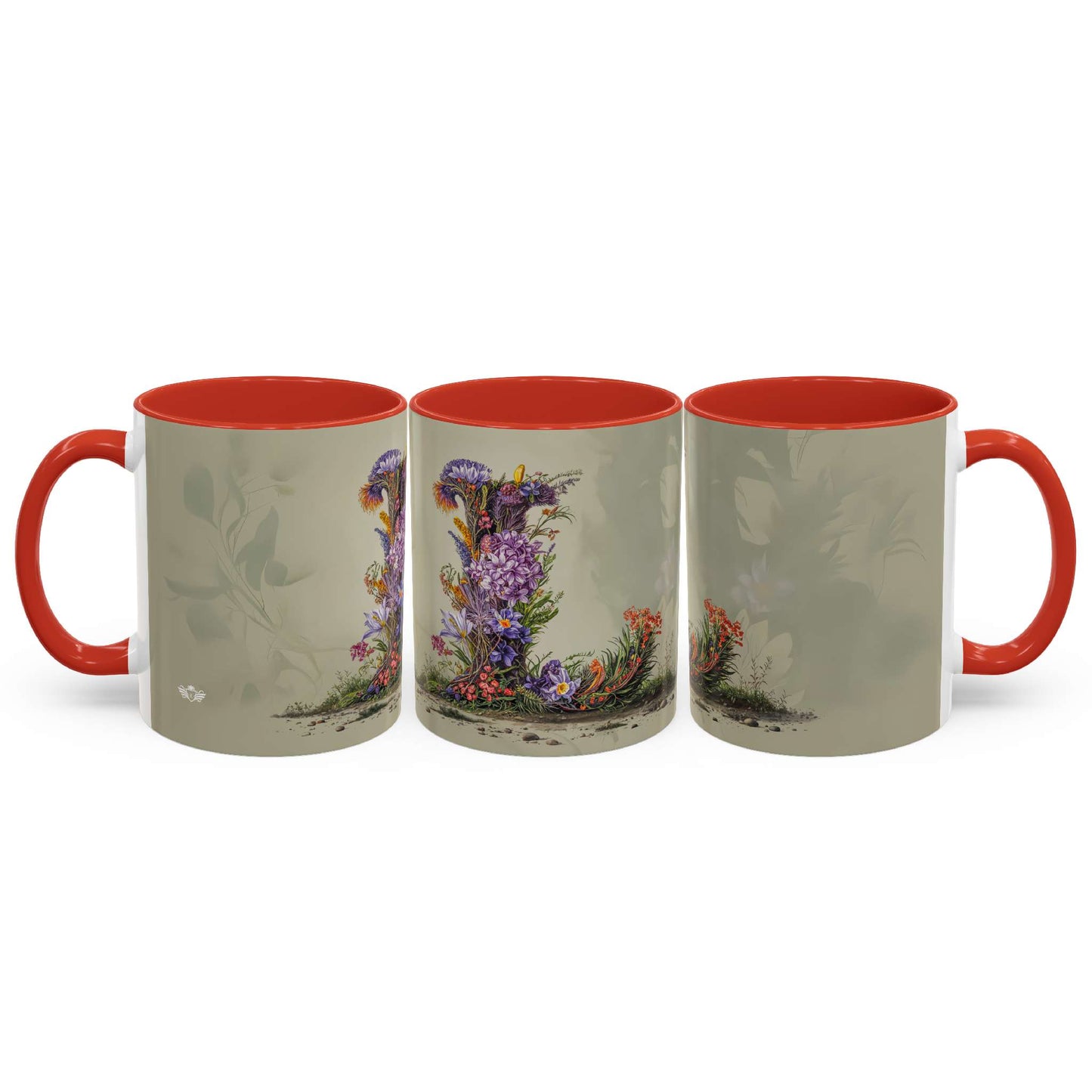 Three mugs with floral designs on a beige background