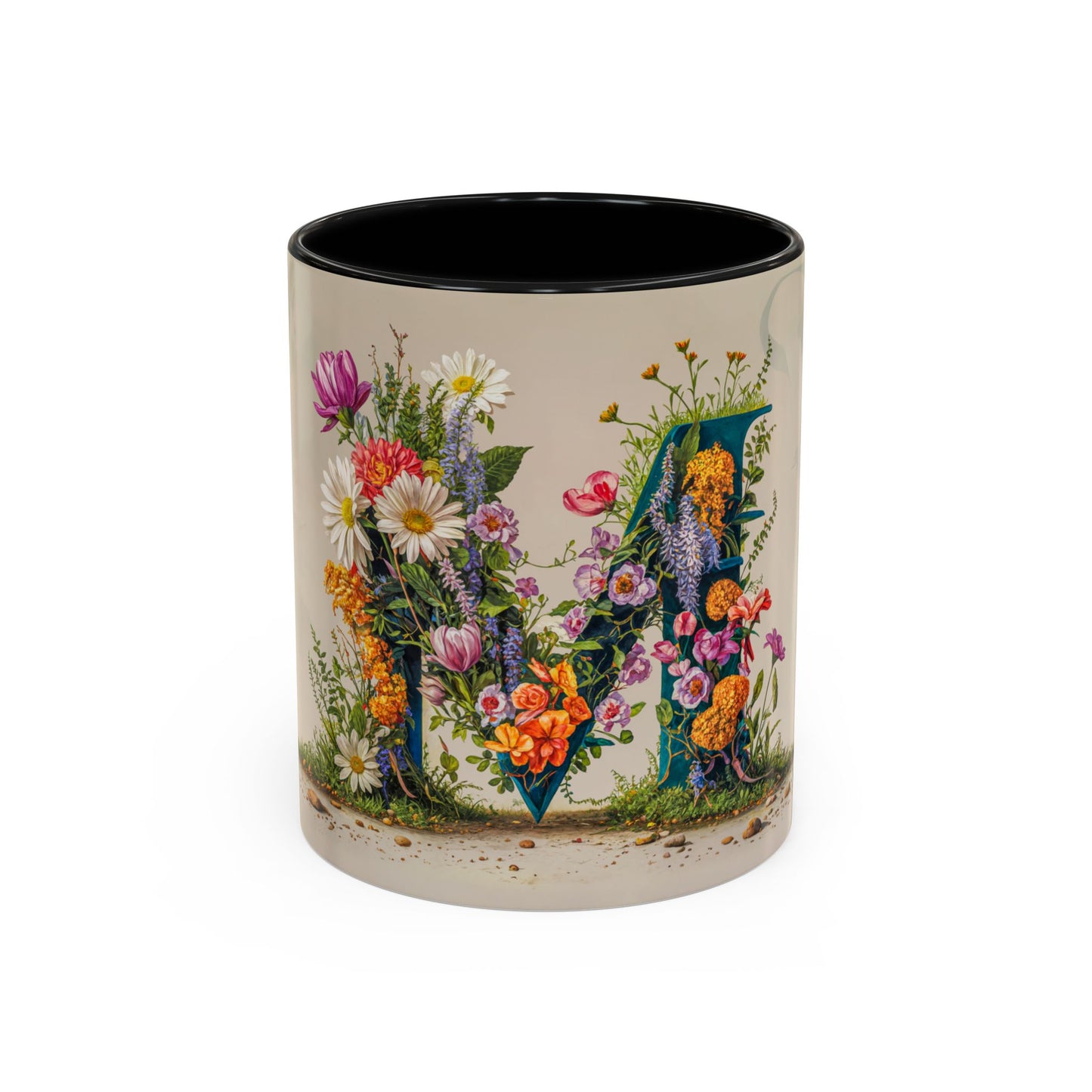 Mug with floral design and letter M on a white background
