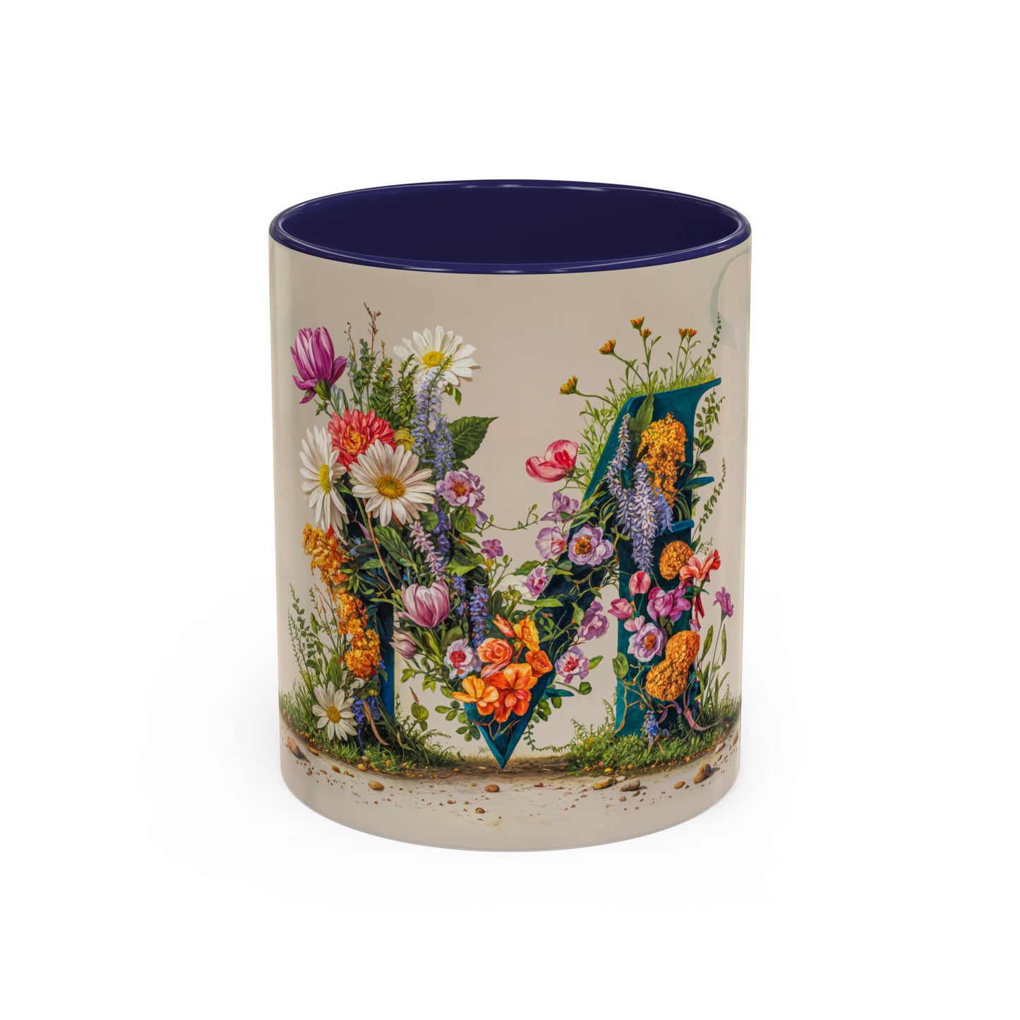 Mug with floral design and letter M on a white background