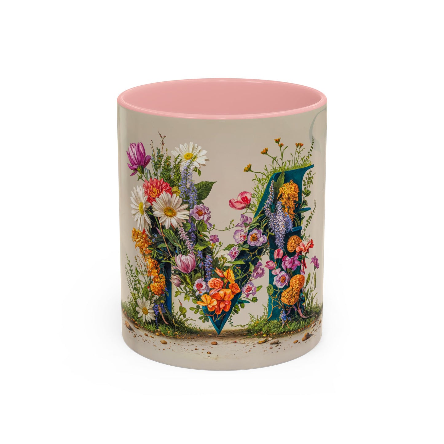 Mug with floral design and pink interior on a white background