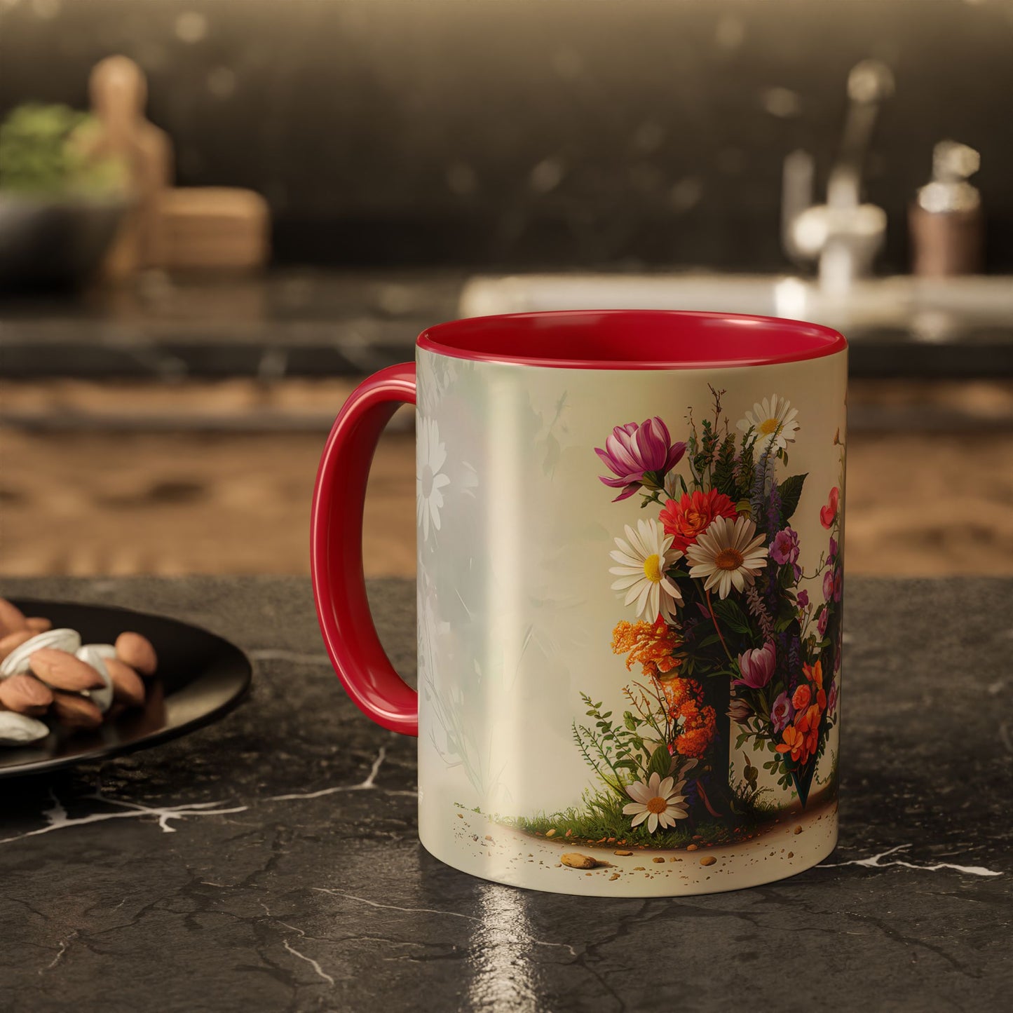 Mug with floral design and red interior on a kitchen counter