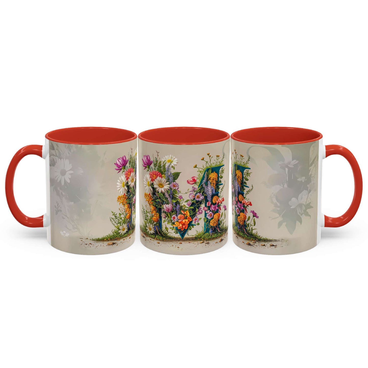 Three mugs with floral designs and red interiors on a white background