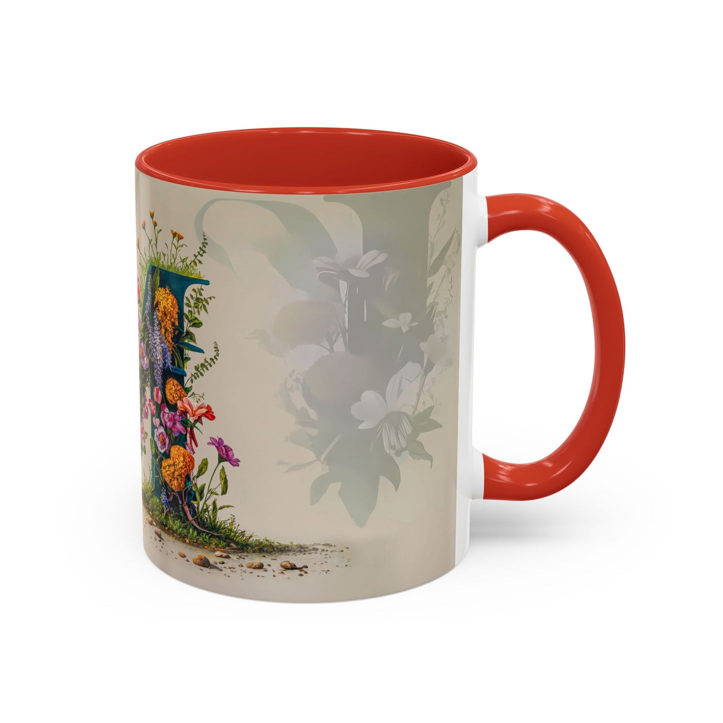 Mug with red interior and handle featuring floral design on a white background