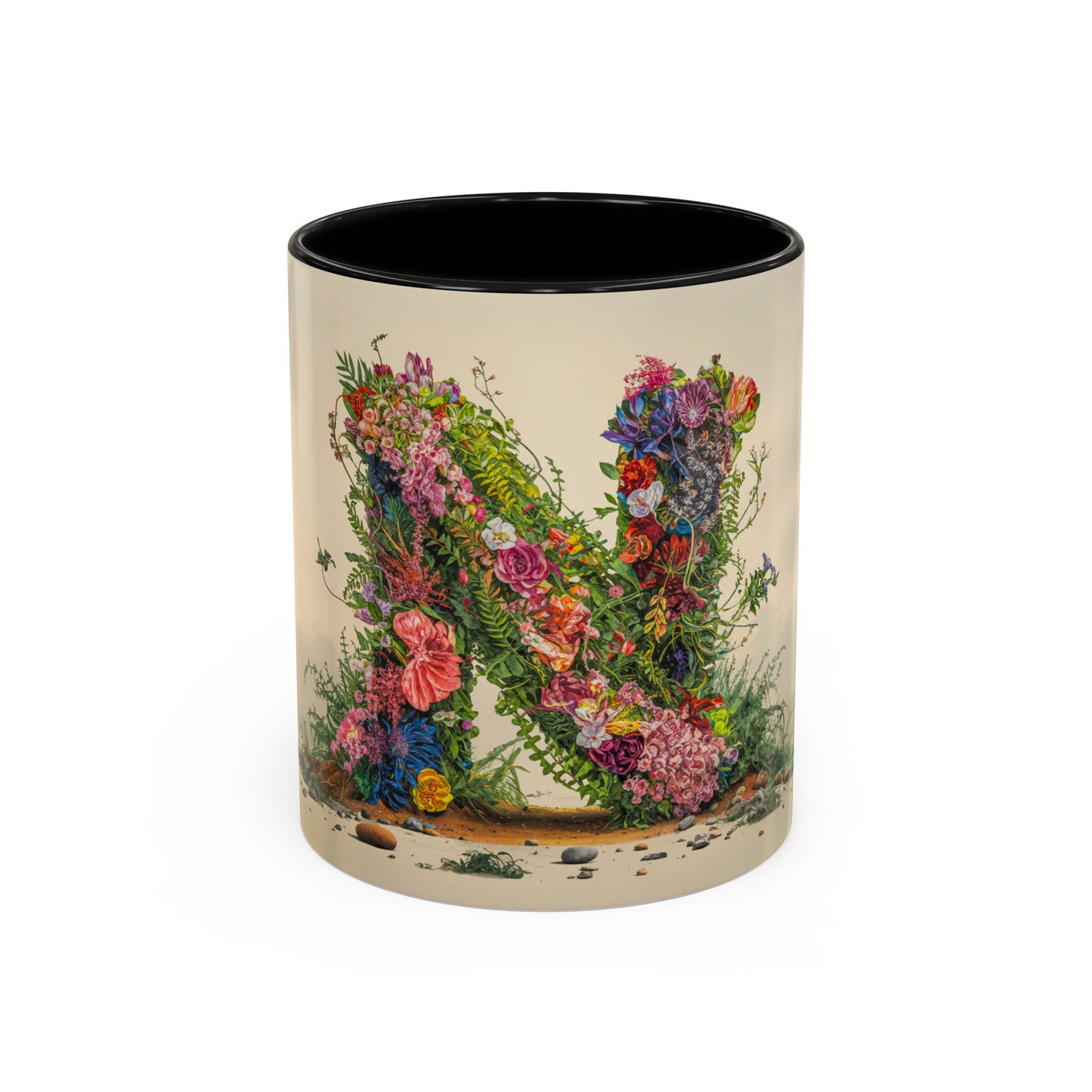 Mug with floral letter N design on a white background