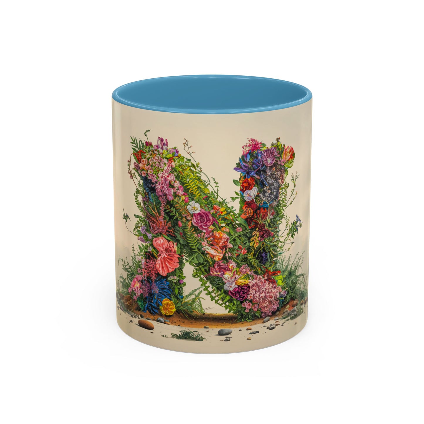 Mug with floral letter N design on a white background