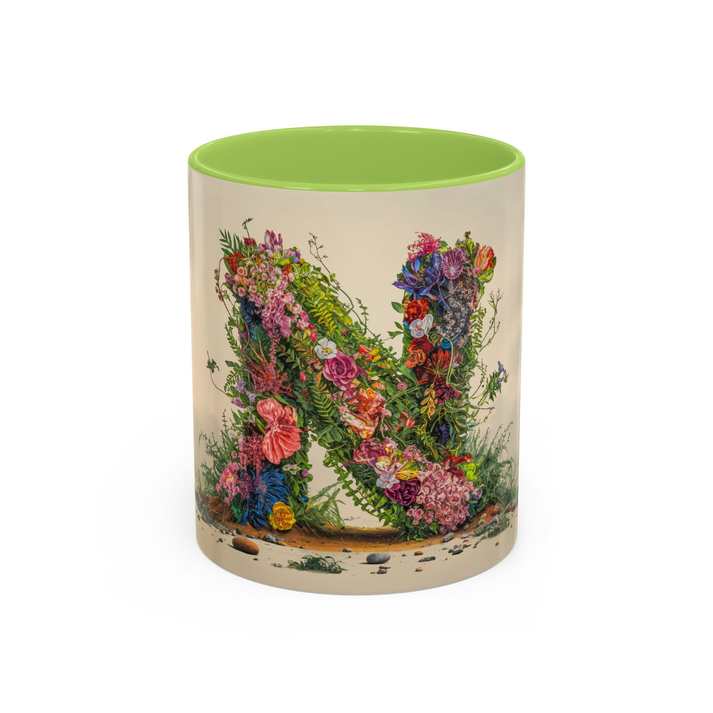Mug with floral letter N design on a white background