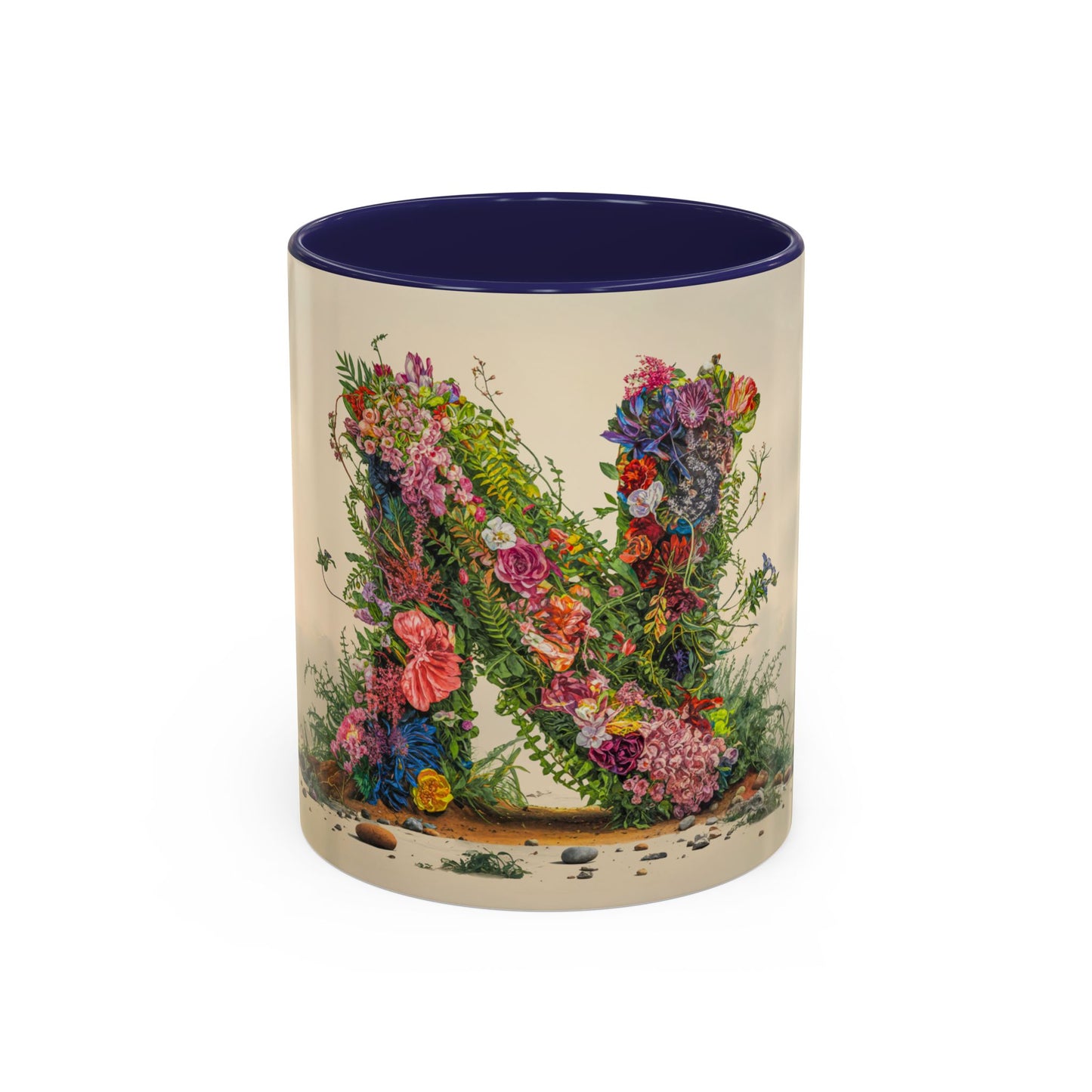 Mug with floral letter N design on a white background