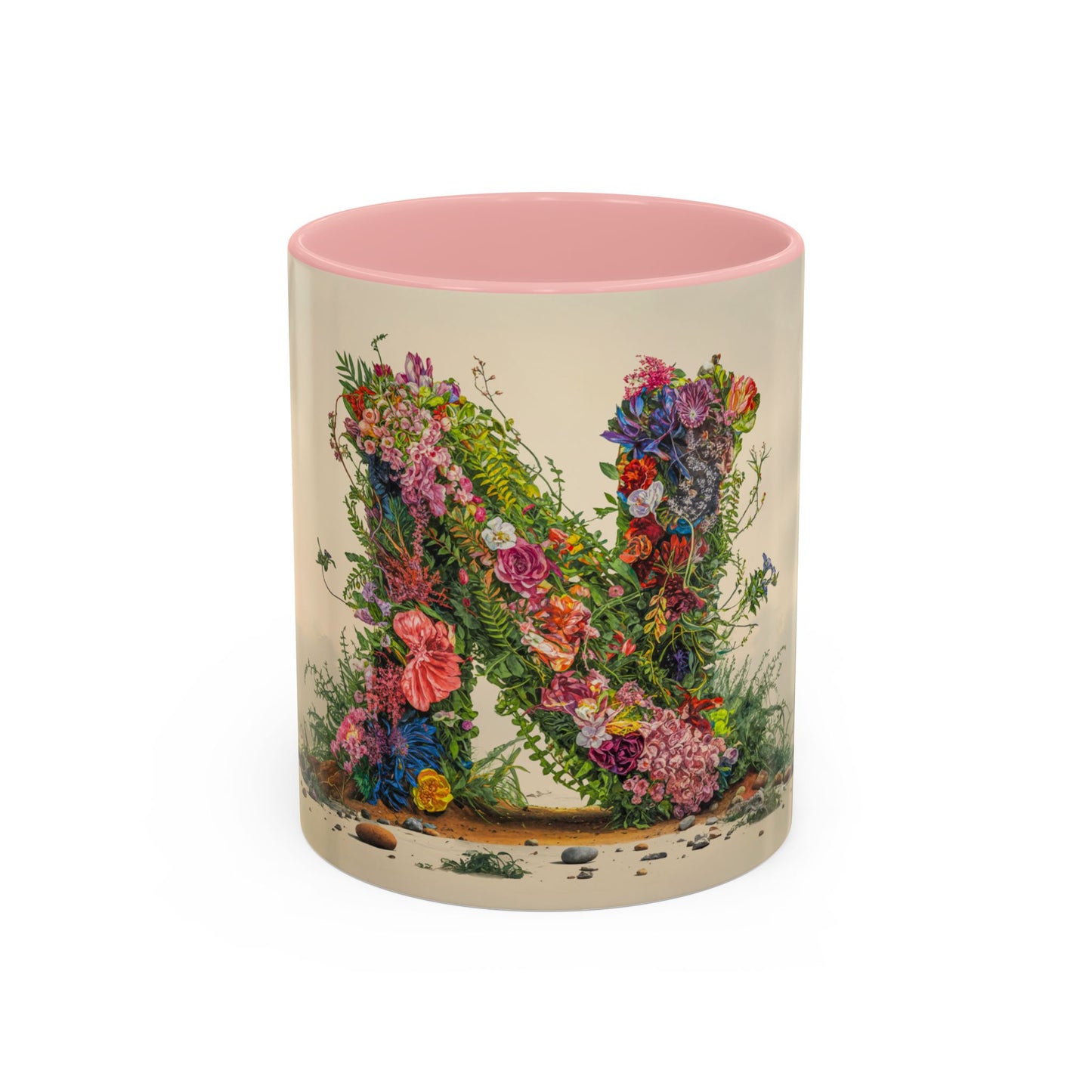 Mug with floral design and pink interior on a white background
