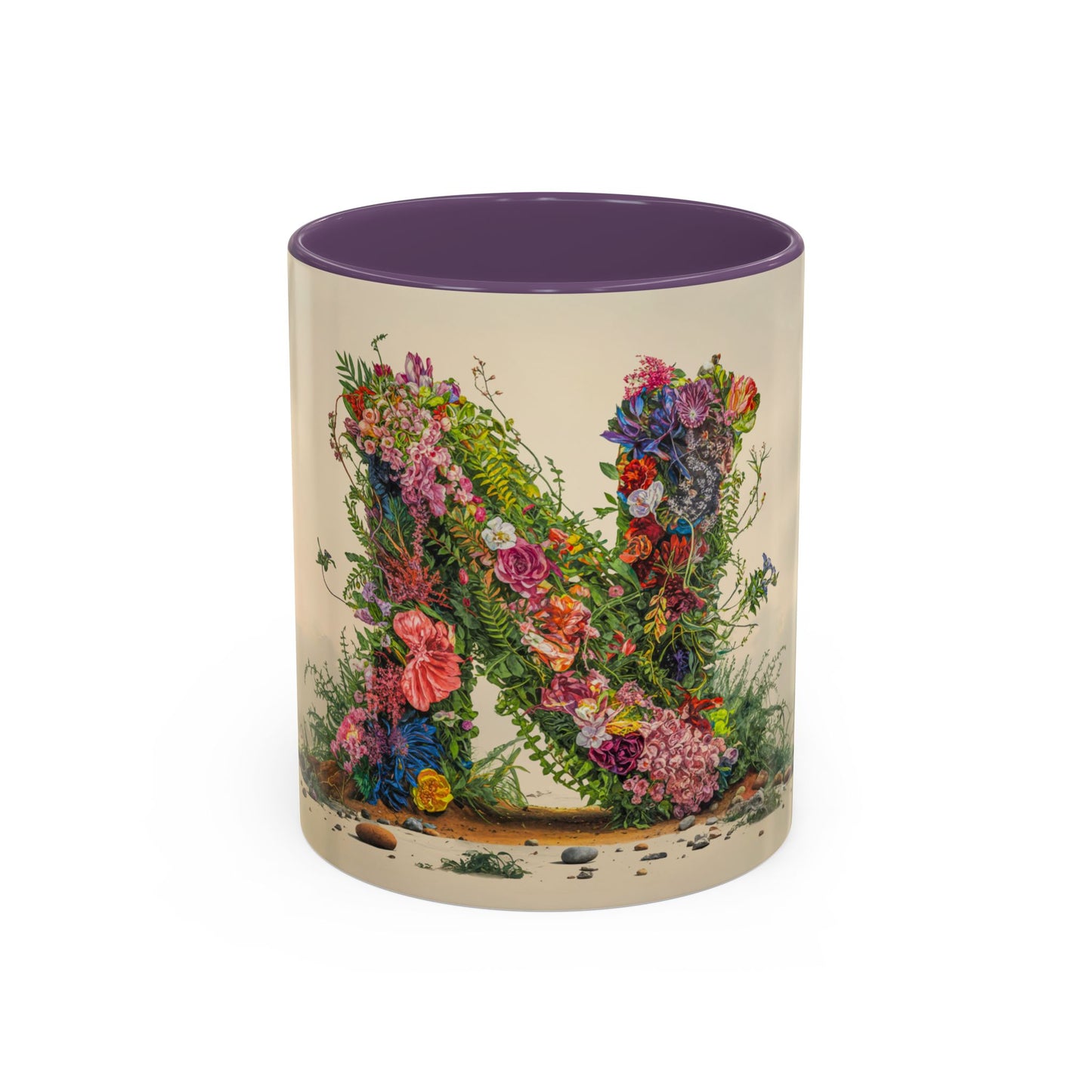 Mug with floral design and purple interior on a white background