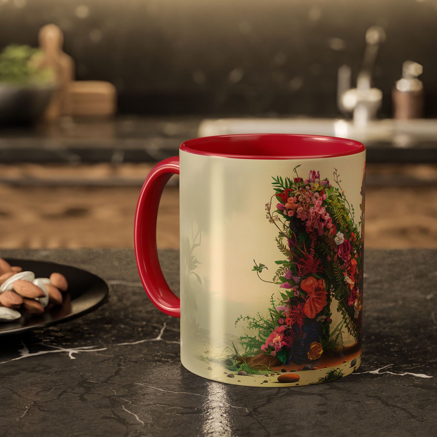 Mug with floral design and red interior on a kitchen counter