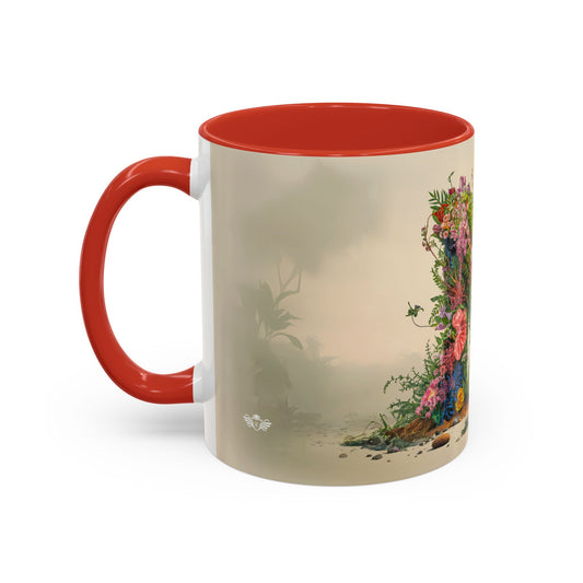Mug with red interior and handle, featuring a floral design on a white background