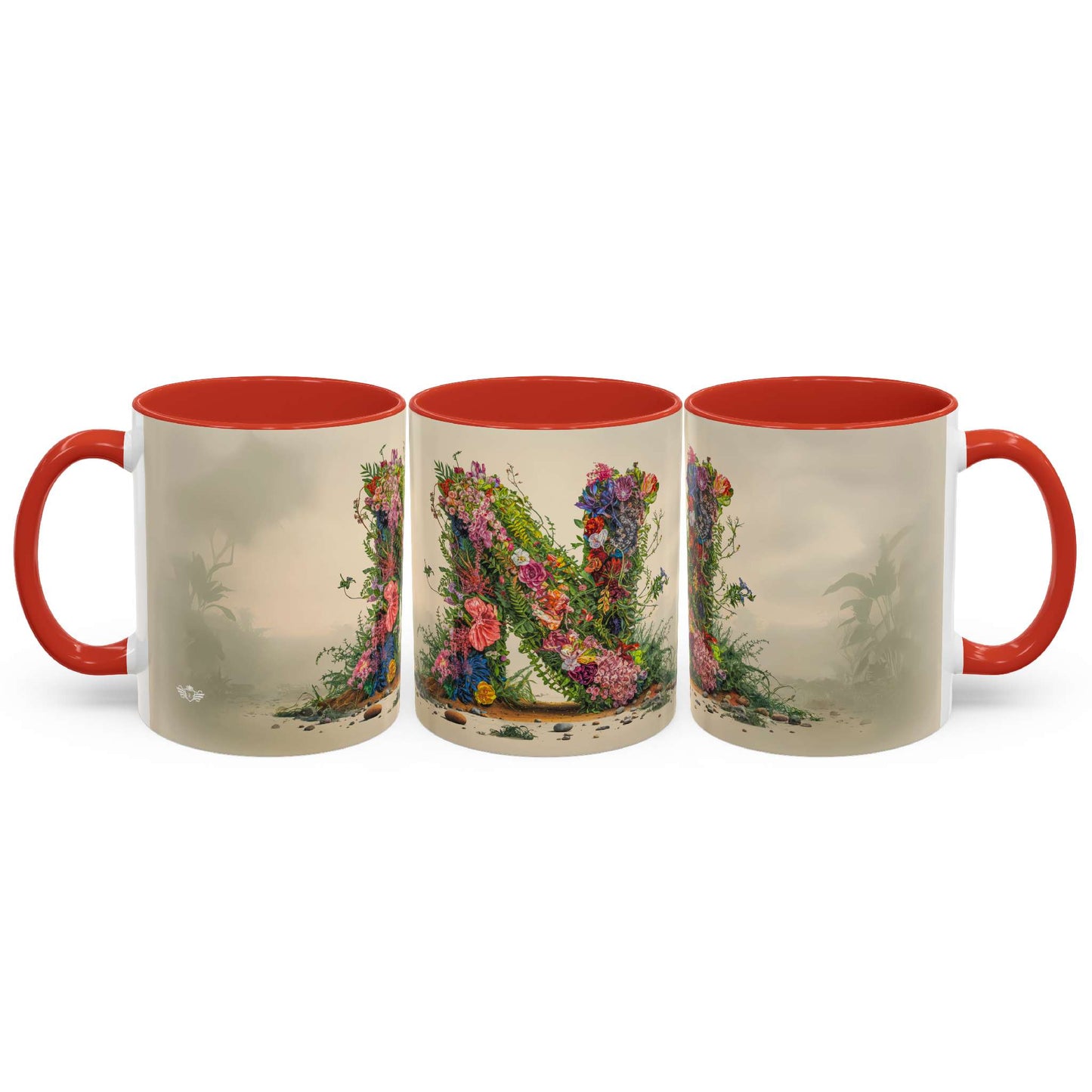 Three mugs with floral designs and red interiors on a white background