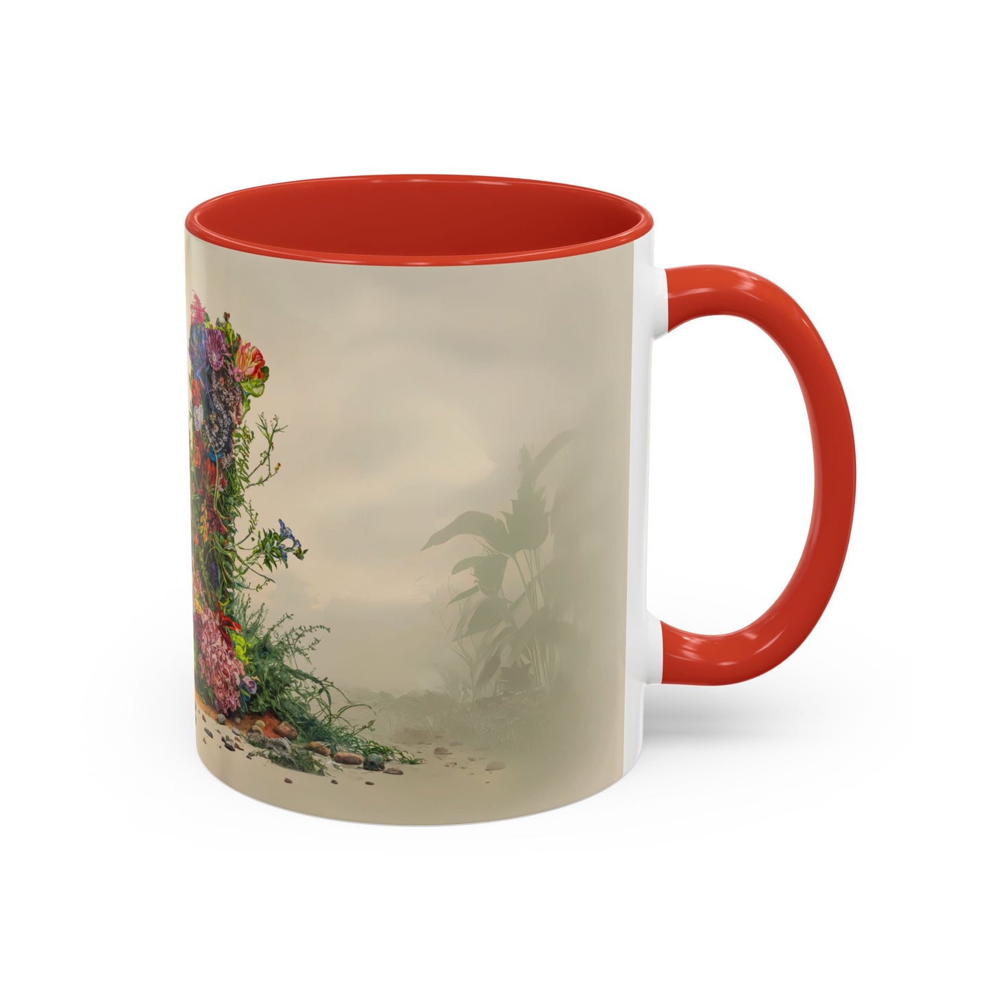 Mug with floral design and red interior and handle on a white background