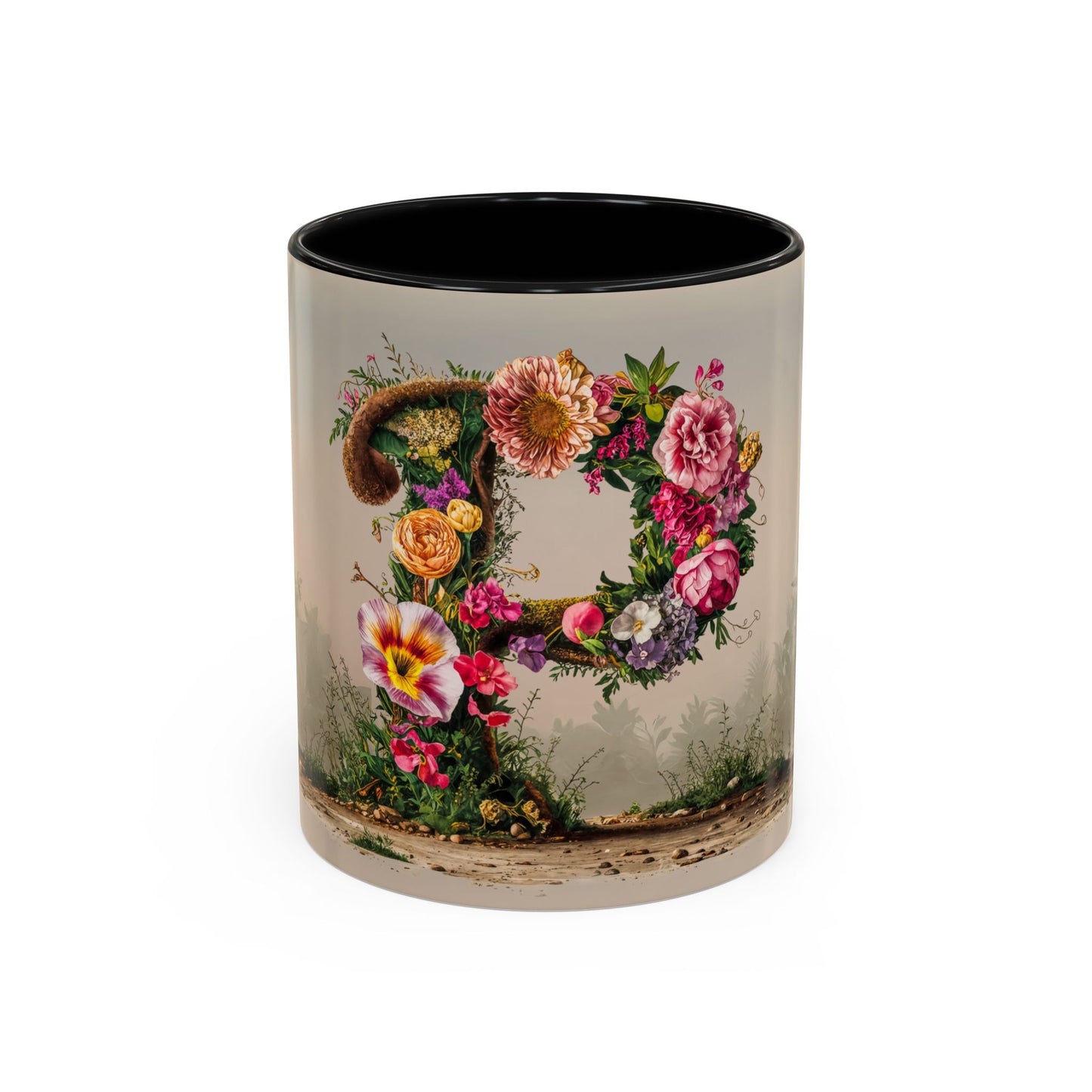 Mug with floral design and letter P on a white background