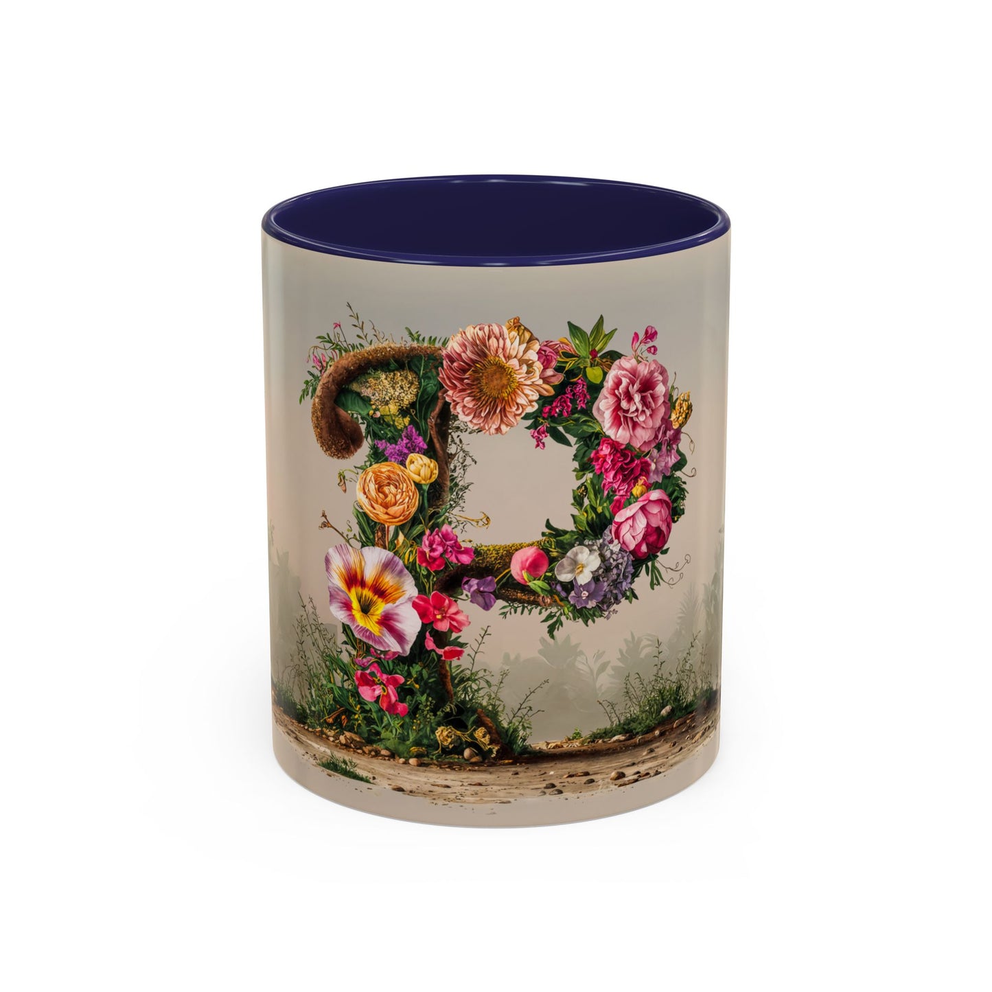 Mug with floral design and blue interior on a white background