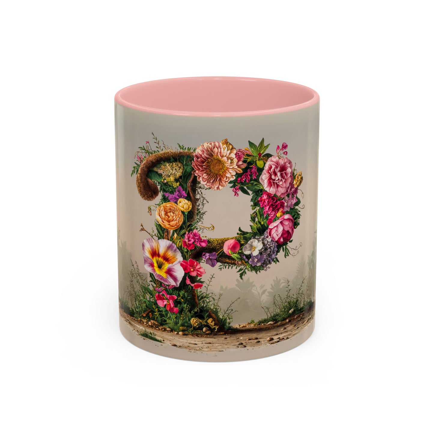 Mug with floral design and pink interior on a white background
