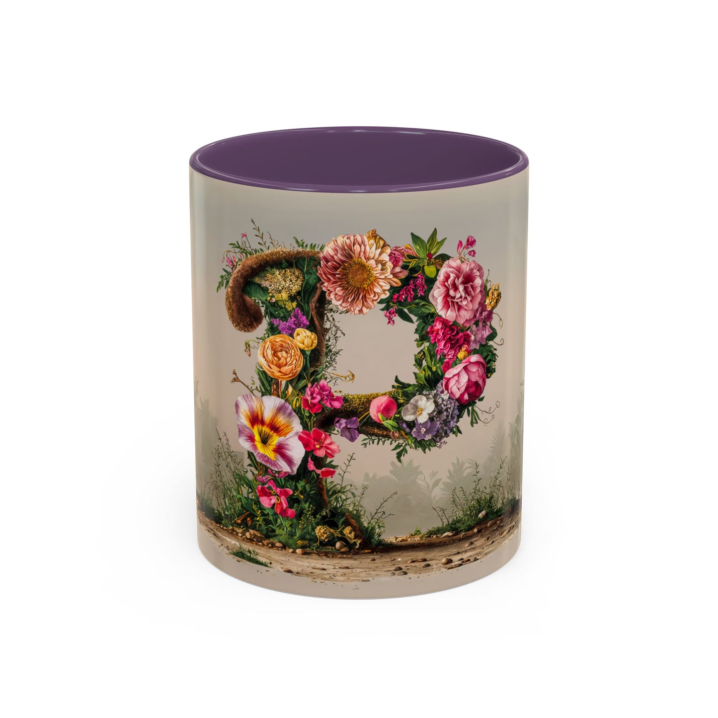Mug with floral design and purple interior on a white background