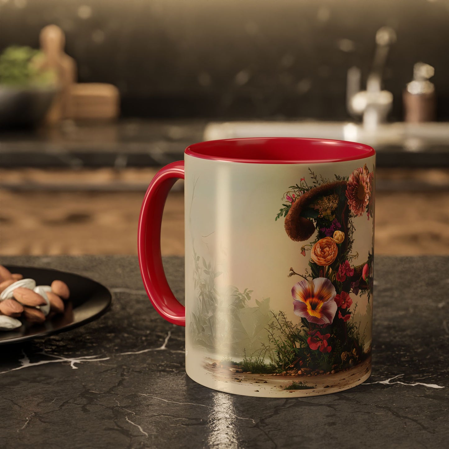Mug with floral design and red interior on a dark surface