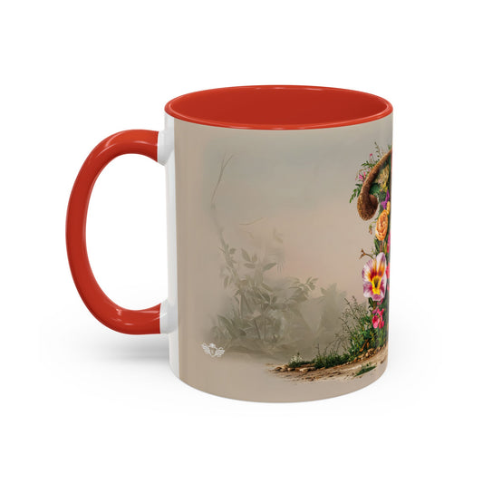 Mug with a scenic design featuring flowers and nature on a beige background