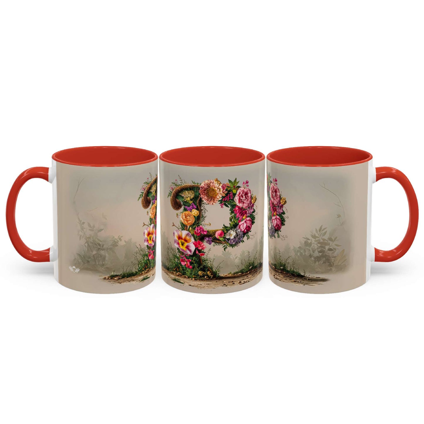 Three mugs with floral designs and red interior and handle on a white background