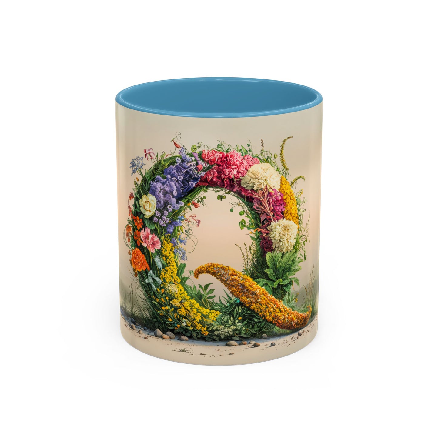 Mug with floral design and blue interior on a white background