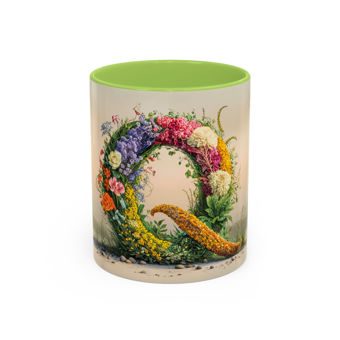 Mug with floral design and green interior on a white background