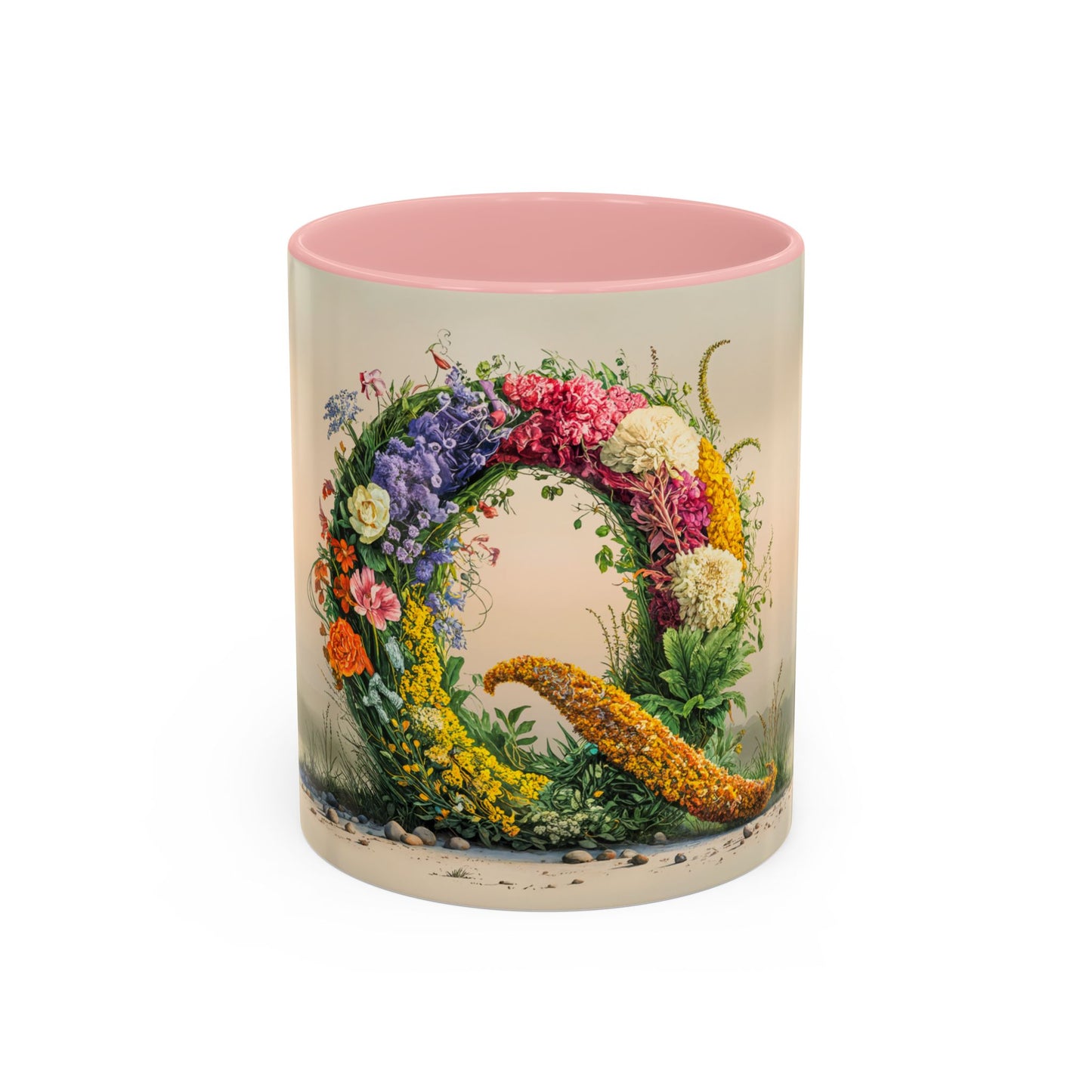 Mug with floral design and pink interior on a white background