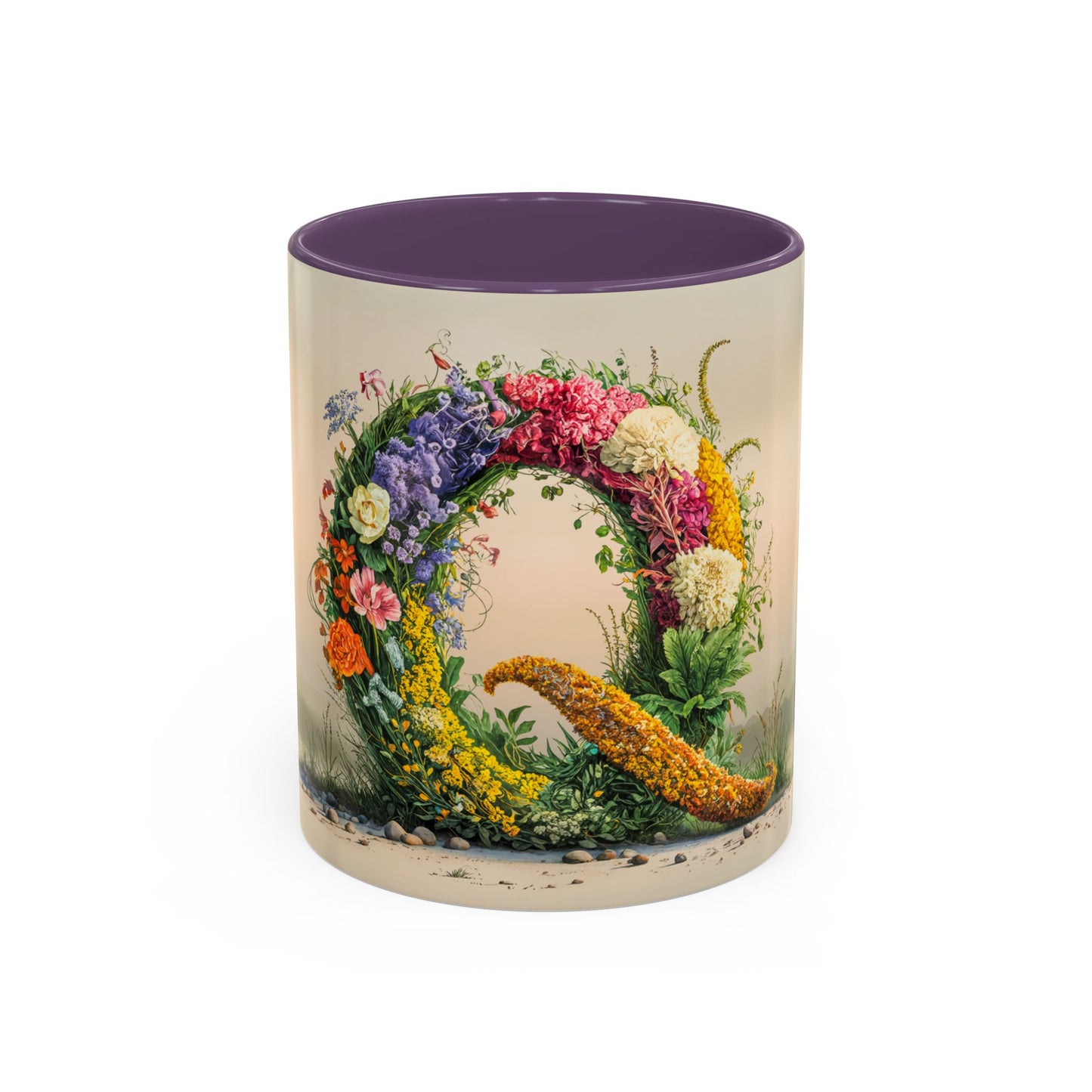 Mug with floral design and purple interior on a white background