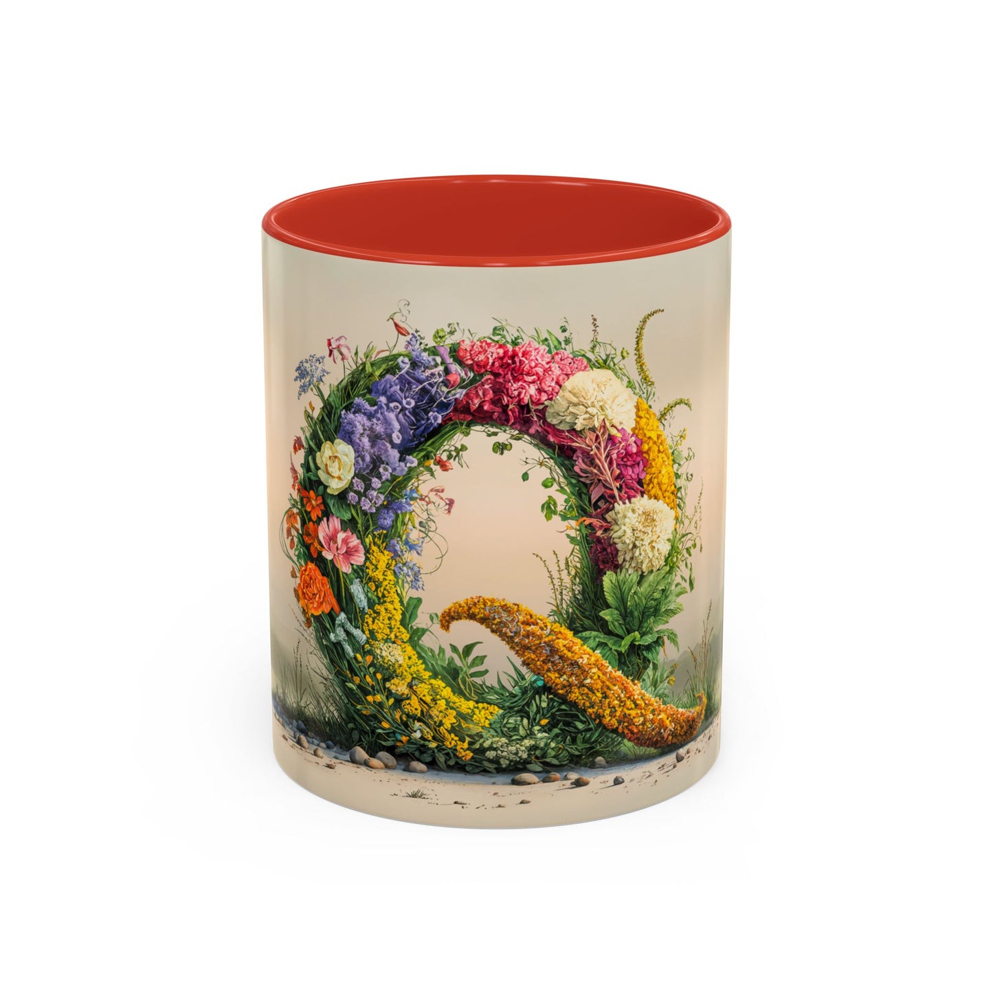 Mug with floral design and red interior on a white background