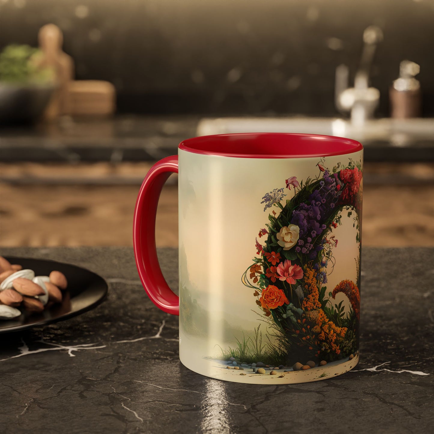 Mug with floral design and red handle on a kitchen counter