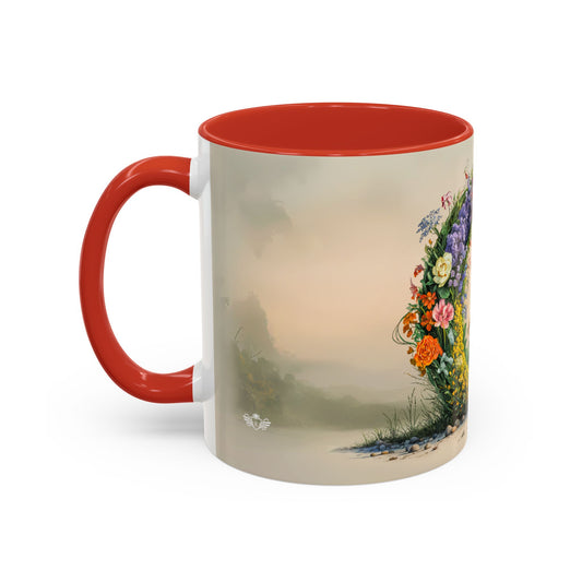 Mug with a floral design featuring flowers and a landscape on a white background