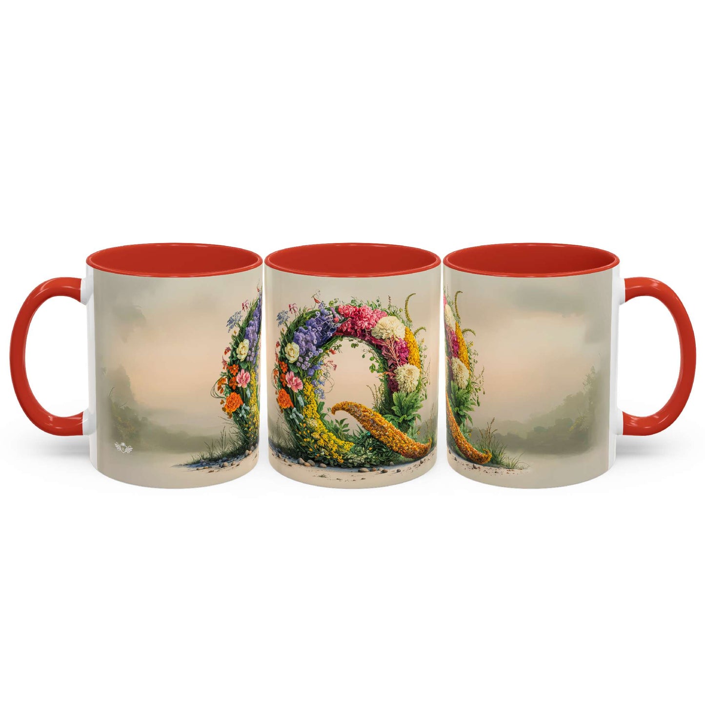 Three mugs with floral designs and red interiors on a white background