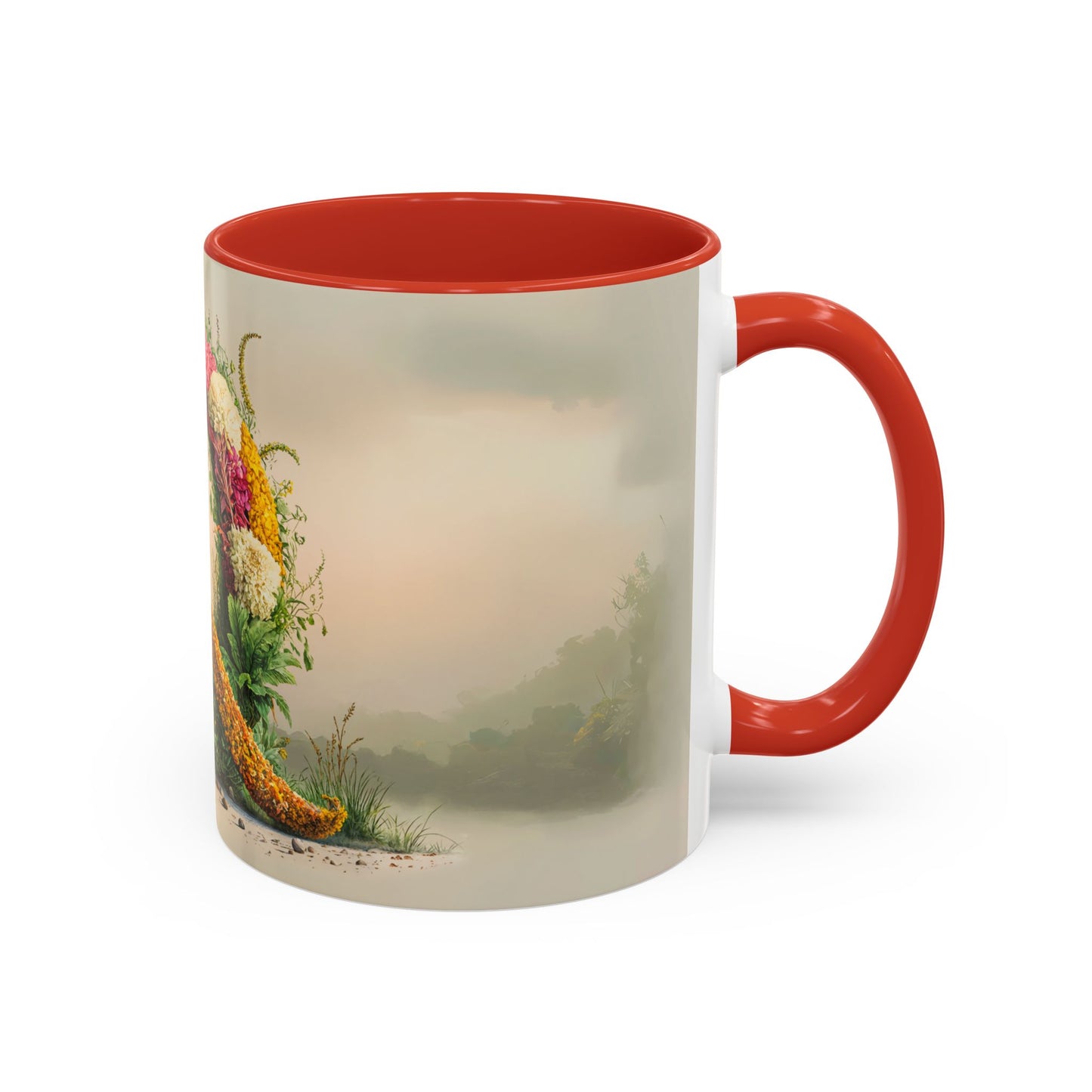 Mug with a floral design and red interior and handle on a white background