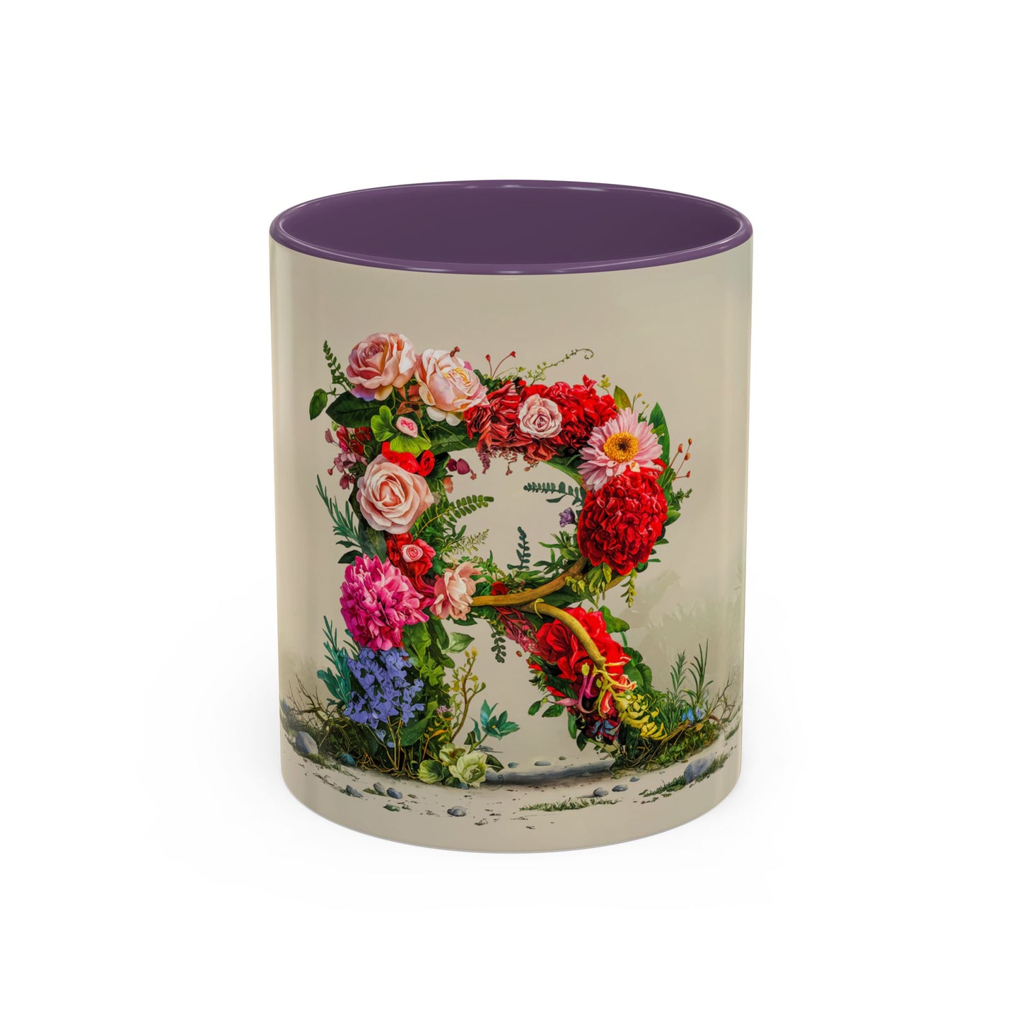 Mug with floral design and purple interior on a white background
