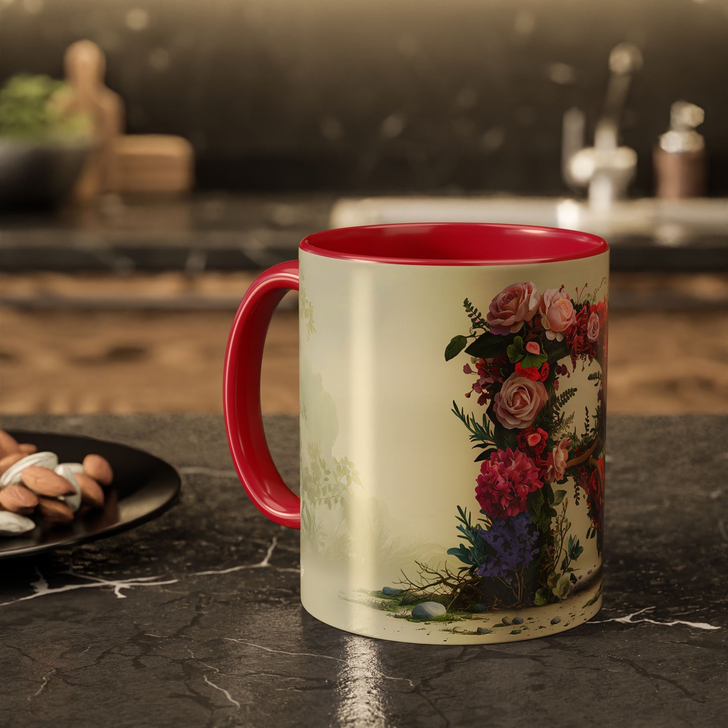 Mug with floral design and red handle on a kitchen counter